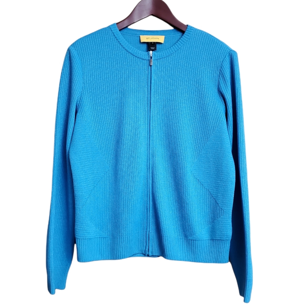 St. John Knit Full Zip Jacket Wool Blend Blue Medium